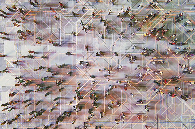 An aerial photo of a crowd of people, with illustrated lines superimposed connecting them in an interconnected networks.