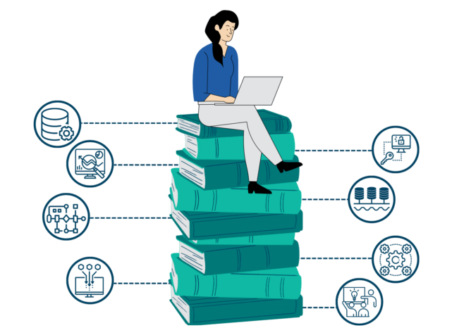 Illustration of a woman sitting on a stack of books surrounded by icons relating to the fields of data, technology, and education.