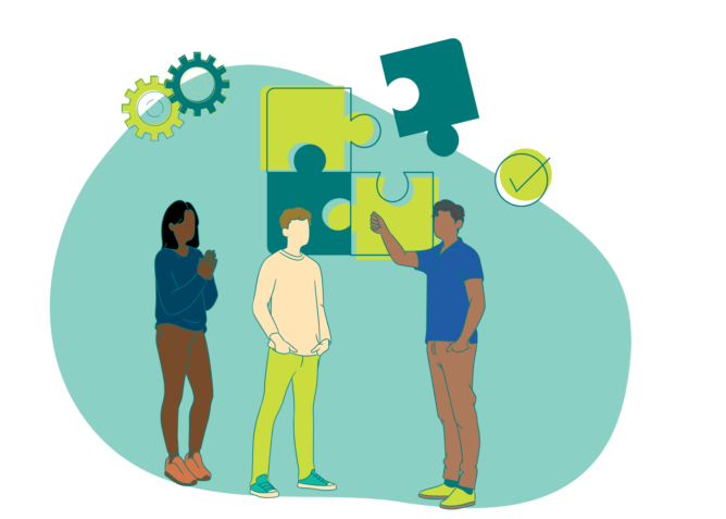 Illustration of three people collaborating together below images of interlocking gears and puzzle pieces being fit together