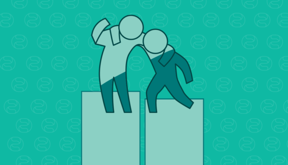 Illustration of two stick figures with one figure leaning on the other figure for support.