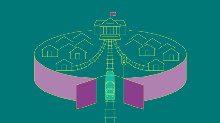 Illustration of a train entering the K-12 education data neighborhood, with its own government building in that neighborhood to represent local control and governance.